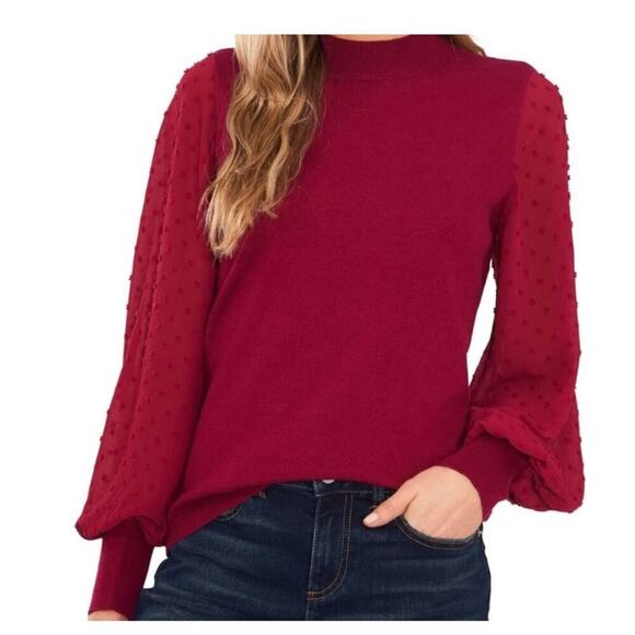 CeCe Burgundy Swiss Dot Sleeve Sweater Size Medium - Picture 1 of 6